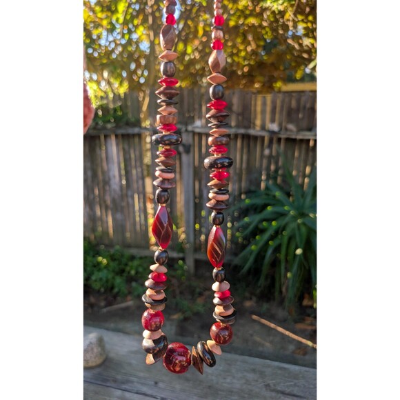 Vintage Wood Beaded Necklace: Red Chunky Necklace - Picture 1 of 16